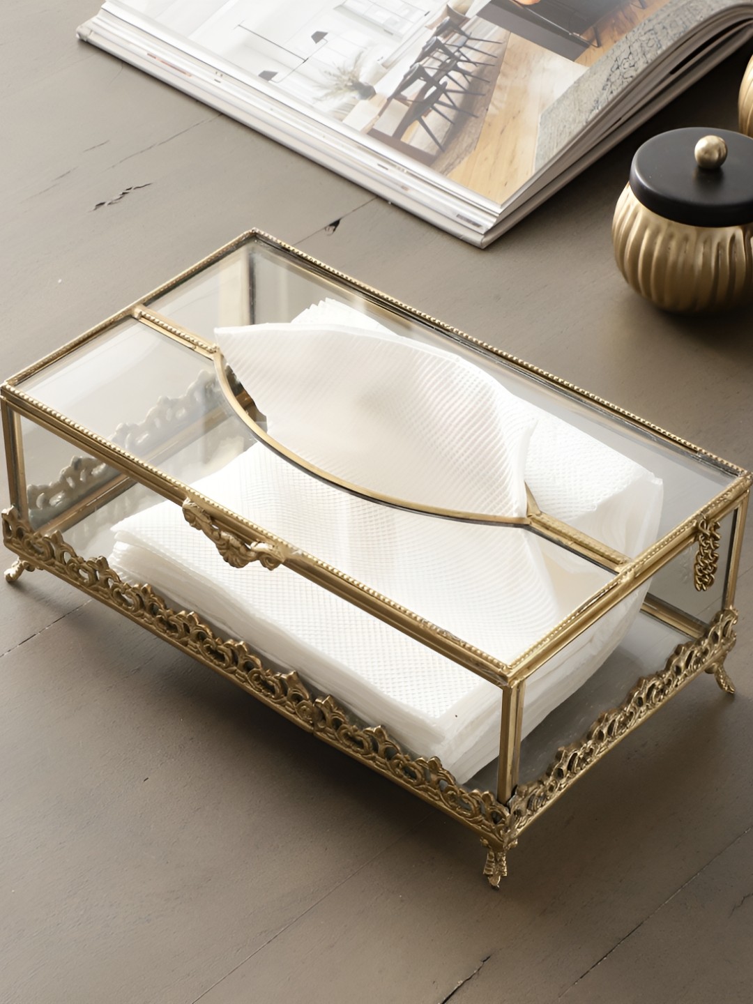 

Decor de Maison Transparent & Gold Toned Floral Scroll Tissue Holders