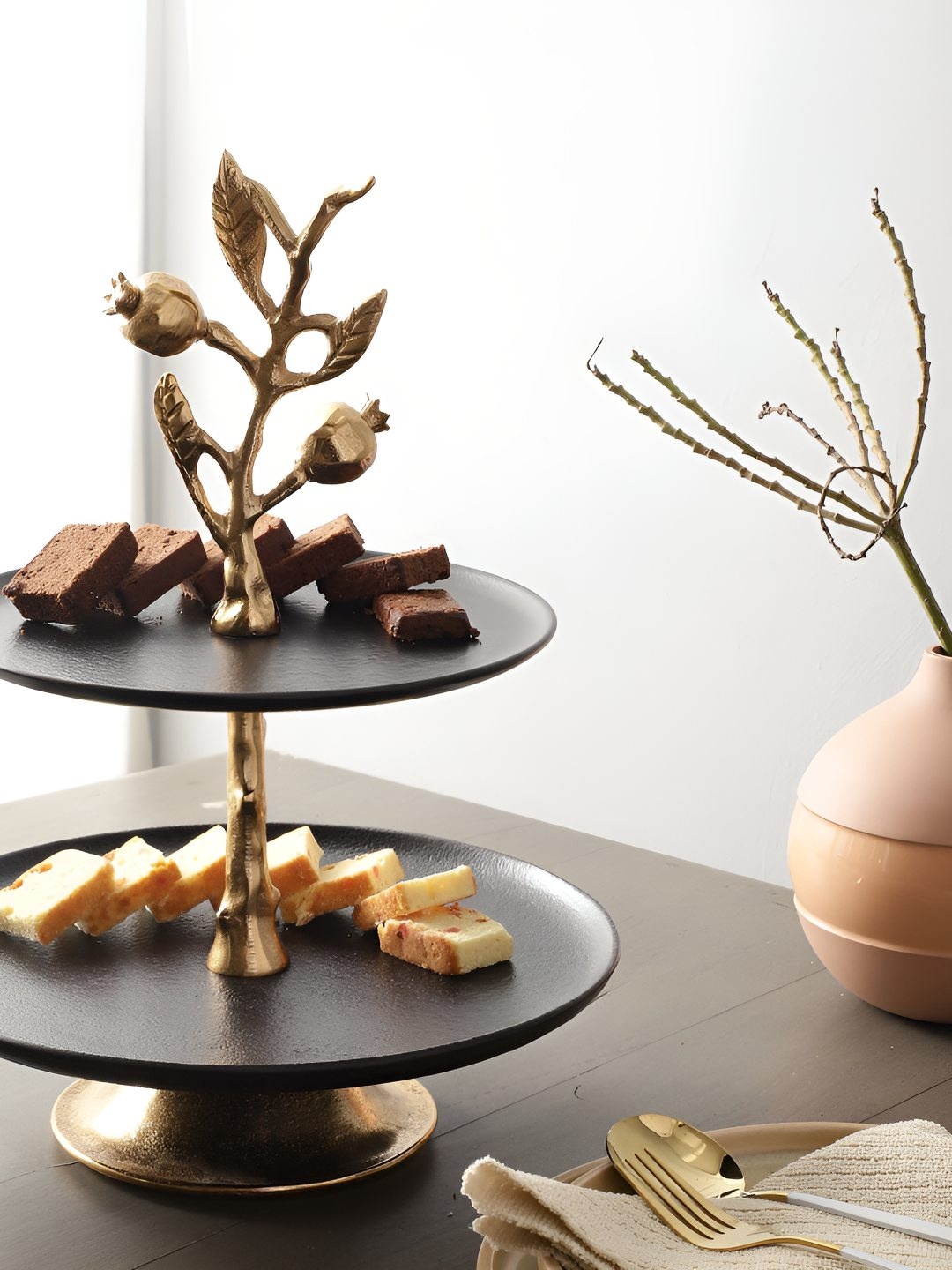 

Decor de Maison Gold Toned & Black Two Layer Pomegranate Brass Cake Stand
