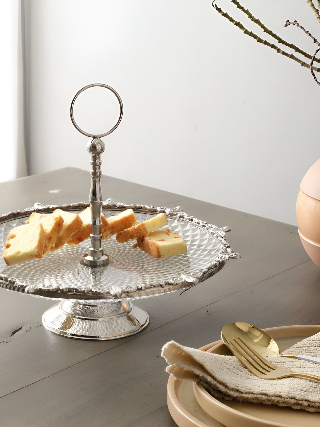 

Decor de Maison Silver Toned Crystal Spike Brass Cake Stand