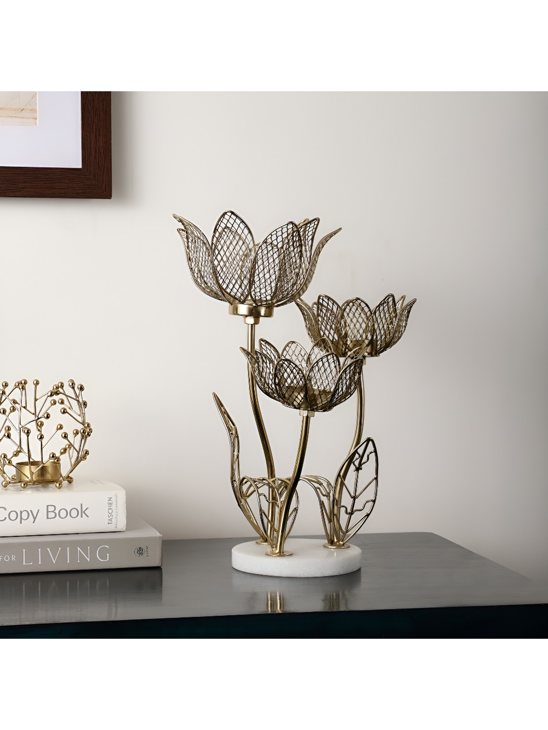 

Decor de Maison Gold Toned & White Lotus Aluminium Candle Holder