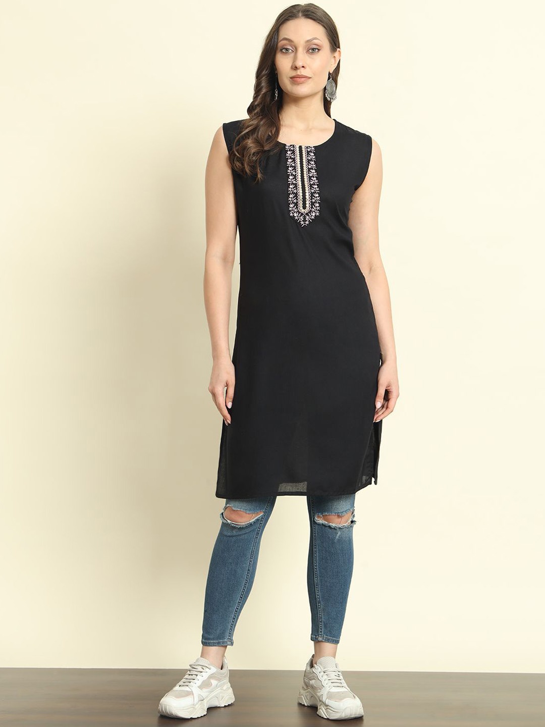 

SURHI Floral Yoke Design Embroidered Mirror Work Cotton Straight kurta, Black