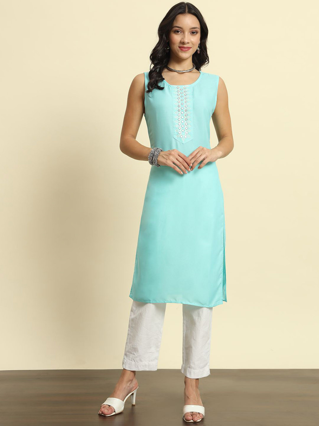 

SURHI Floral Yoke Design Embroidered Mirror Work Cotton Straight kurta, Blue