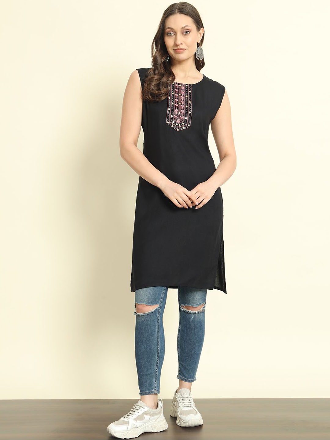 

SURHI Floral Yoke Design Embroidered Mirror Work Cotton Straight kurta, Black