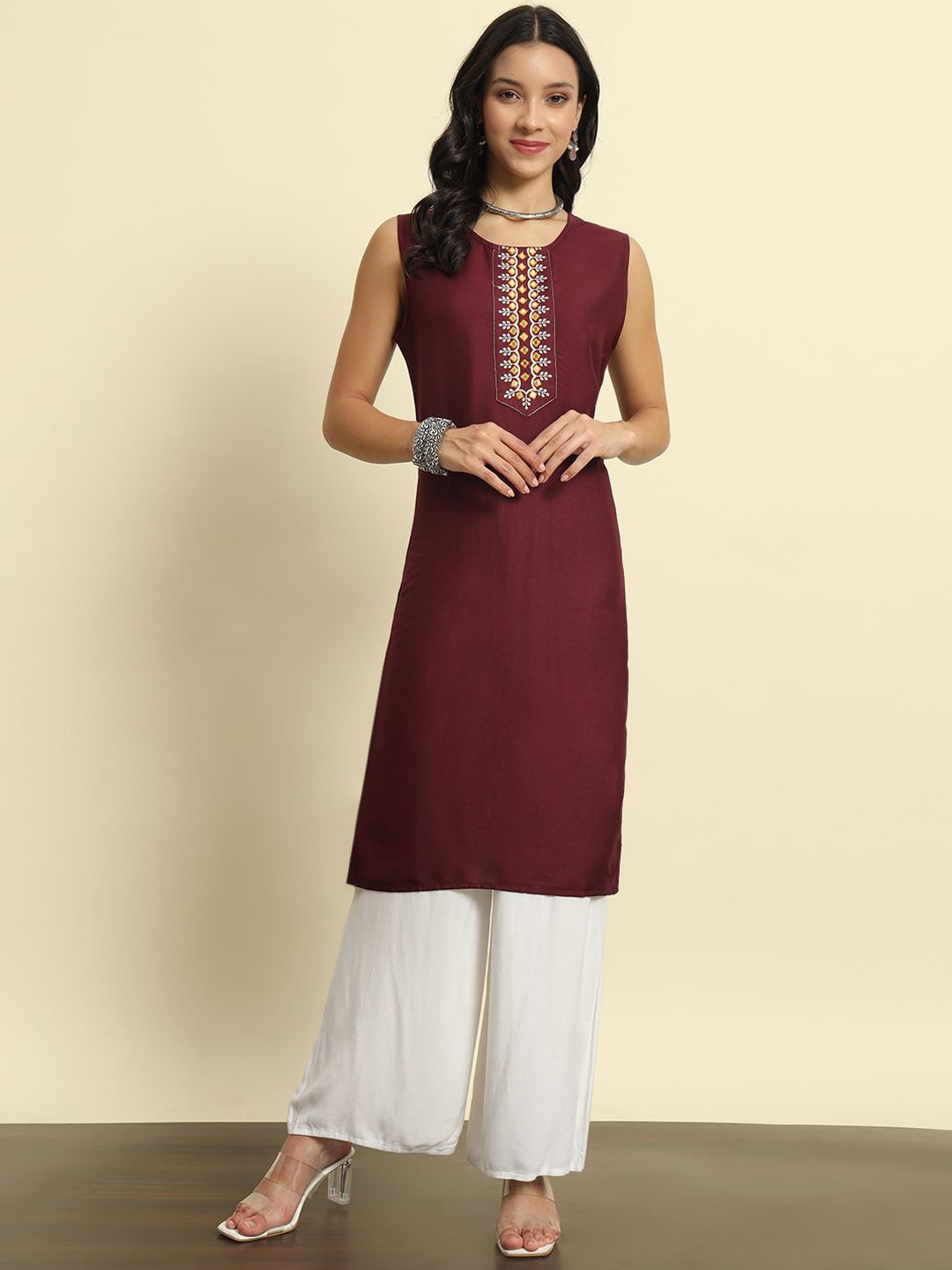 

SURHI Floral Yoke Design Embroidered Mirror Work Cotton Straight kurta, Maroon
