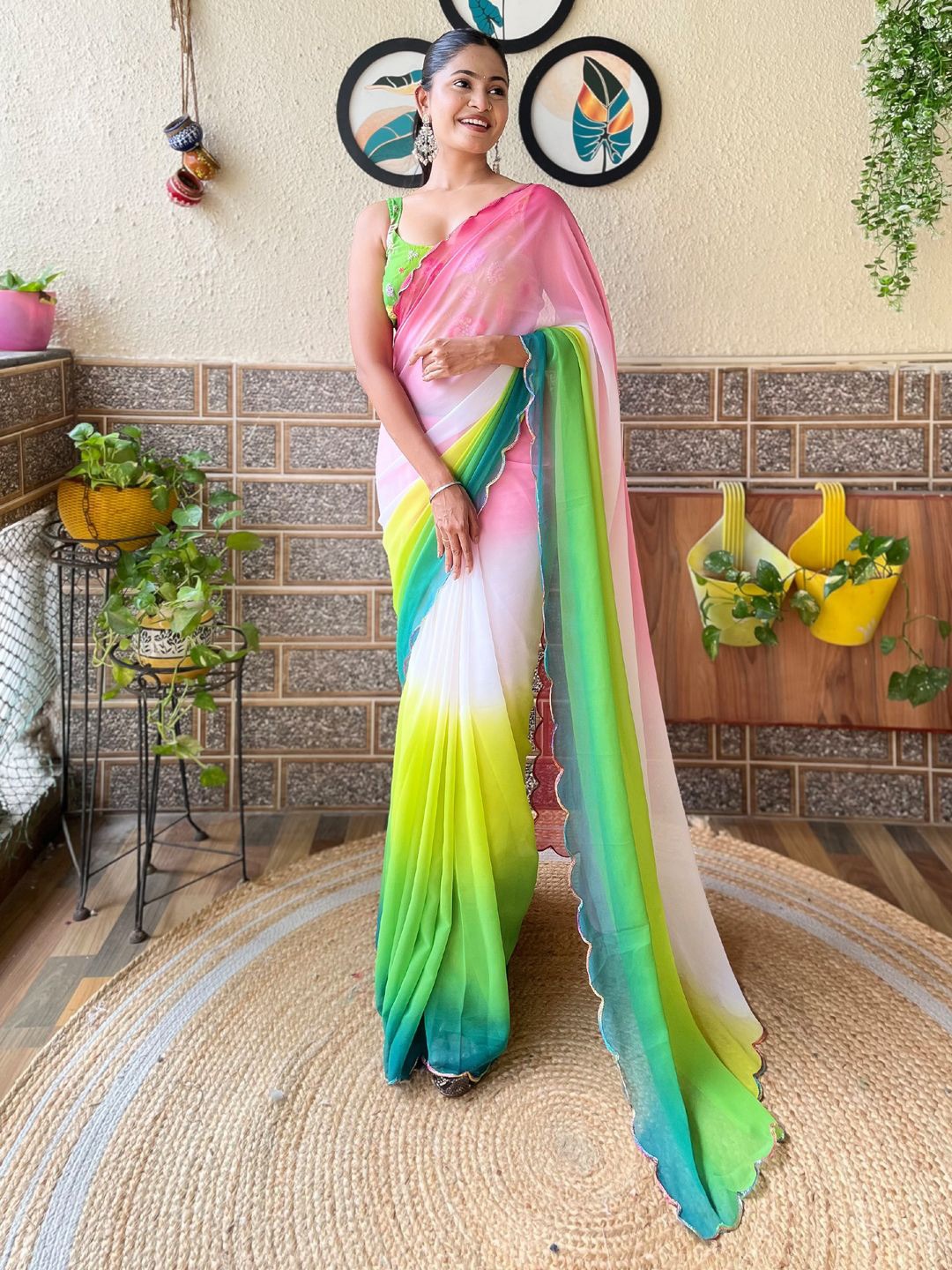

Panzora Holi Ombre Beads and Stones Saree With Blouse Piece, Green