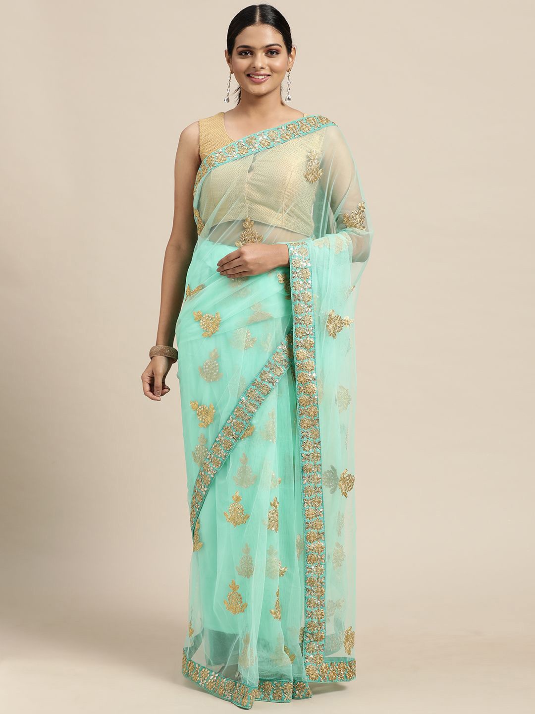 

KULNAARI Ethnic Motifs Embroidered Poly Georgette Saree, Turquoise blue