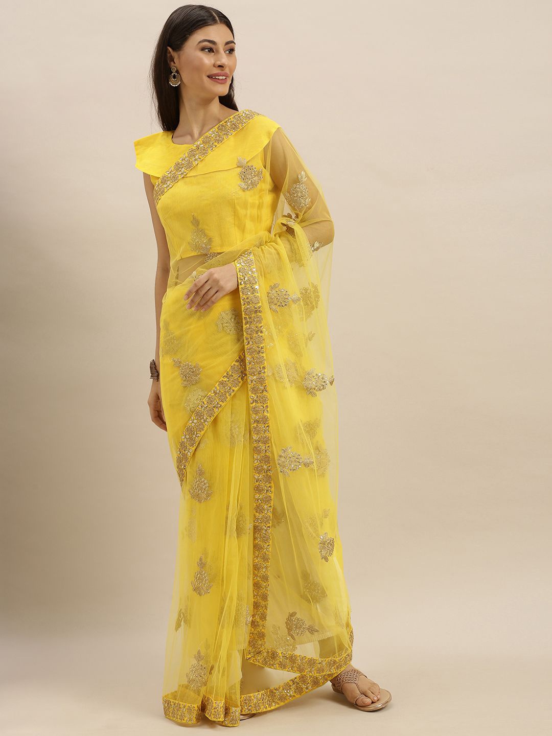 

KULNAARI Floral Embroidered Poly Georgette Saree, Yellow
