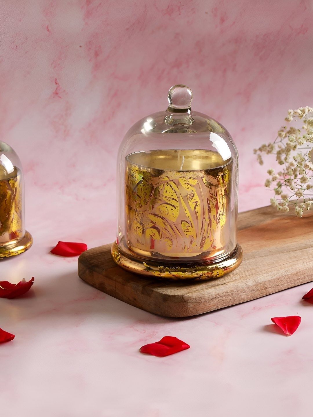 

THE HOME CO. Gold Toned & Transparent Printed Glass Candle Holder With Lid