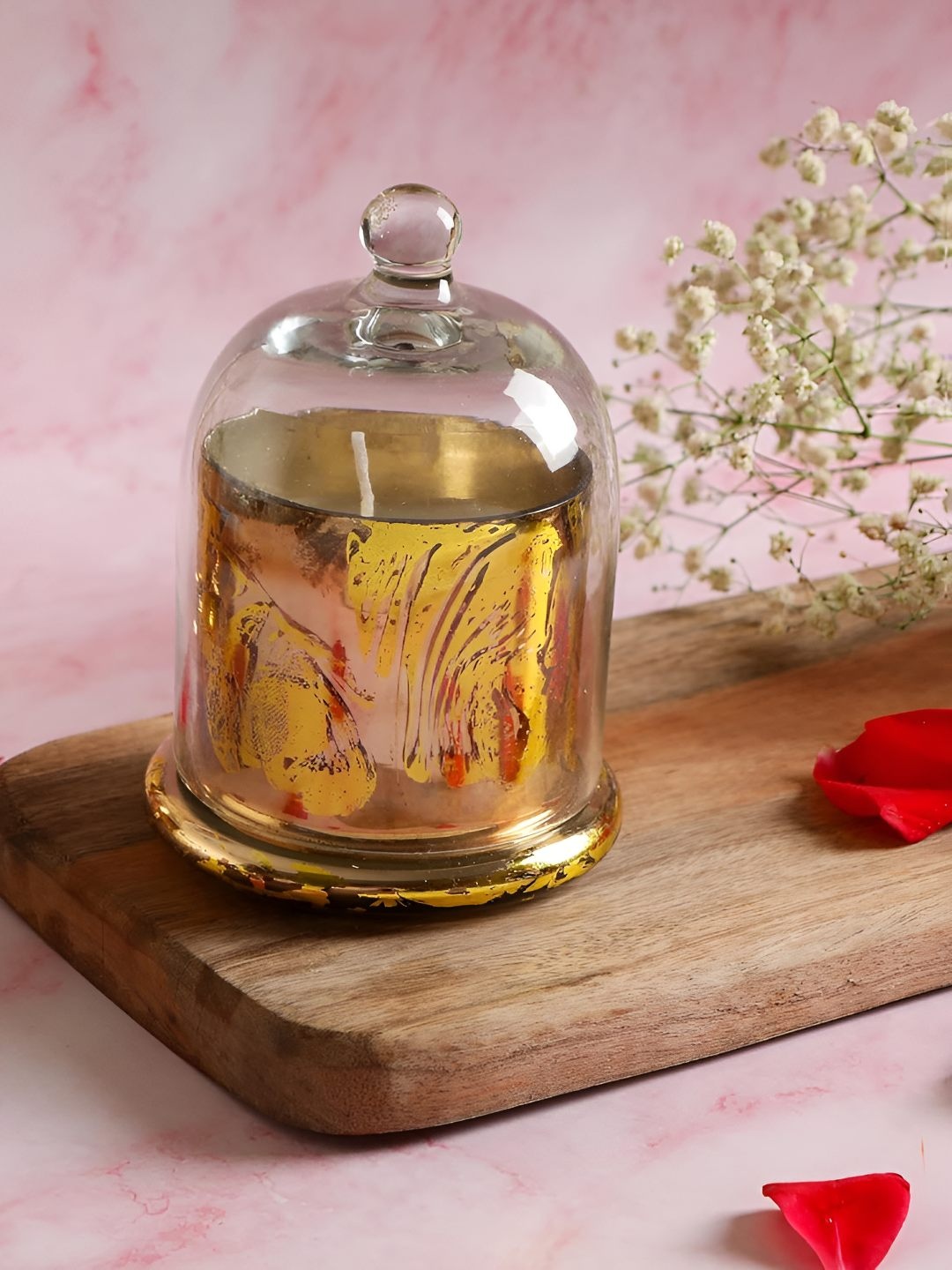 

THE HOME CO. Gold Toned & Transparent Printed Glass Candle Holder With Lid