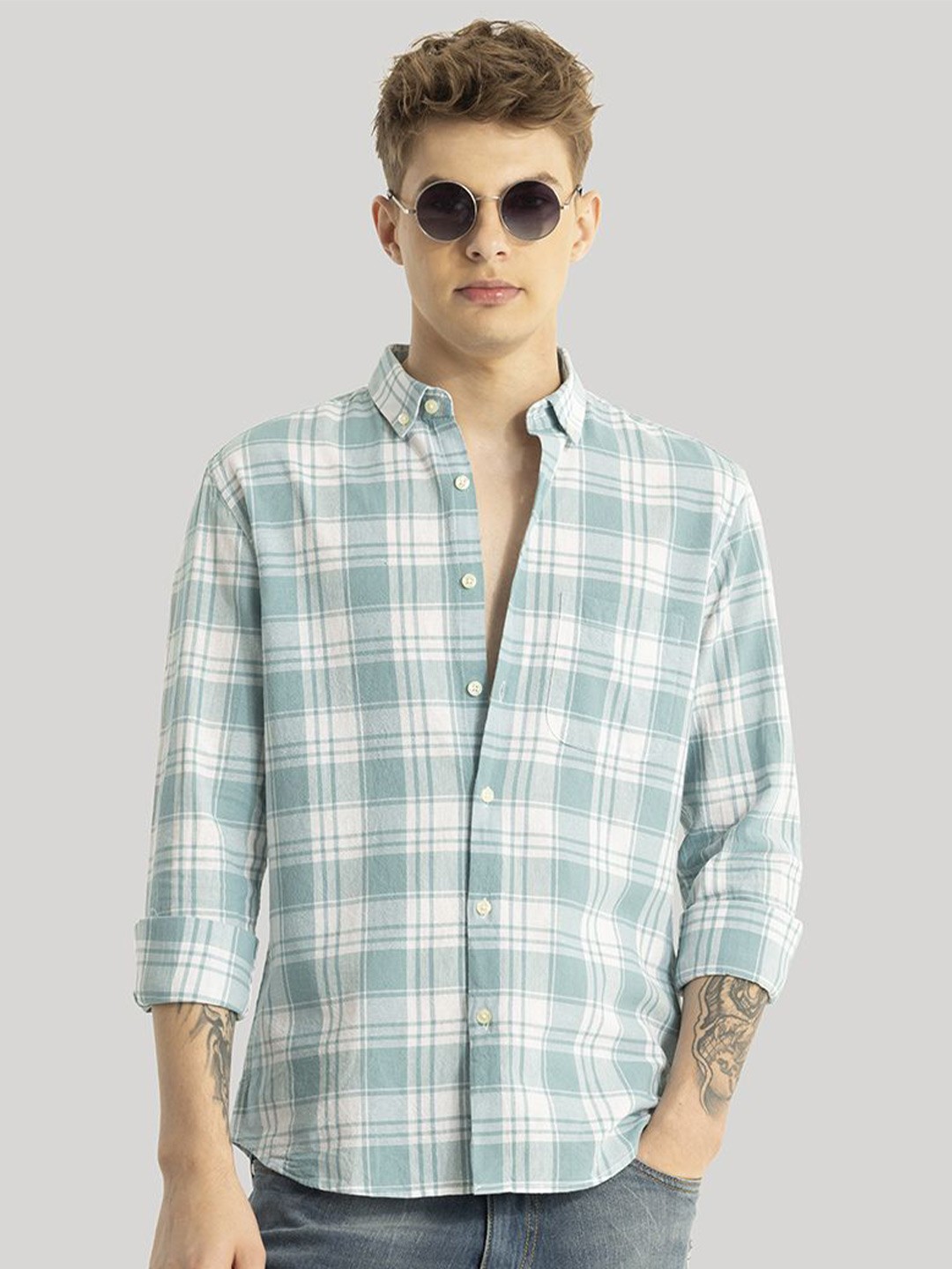 

Snitch Men Smart Button-Down Collar Checked Cotton Linen Slim Fit Casual Shirt, Turquoise blue