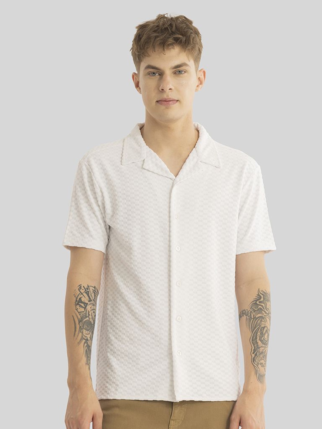 

Snitch Men Classic Cuban Collar Textured Solid Casual Shirt, Off white