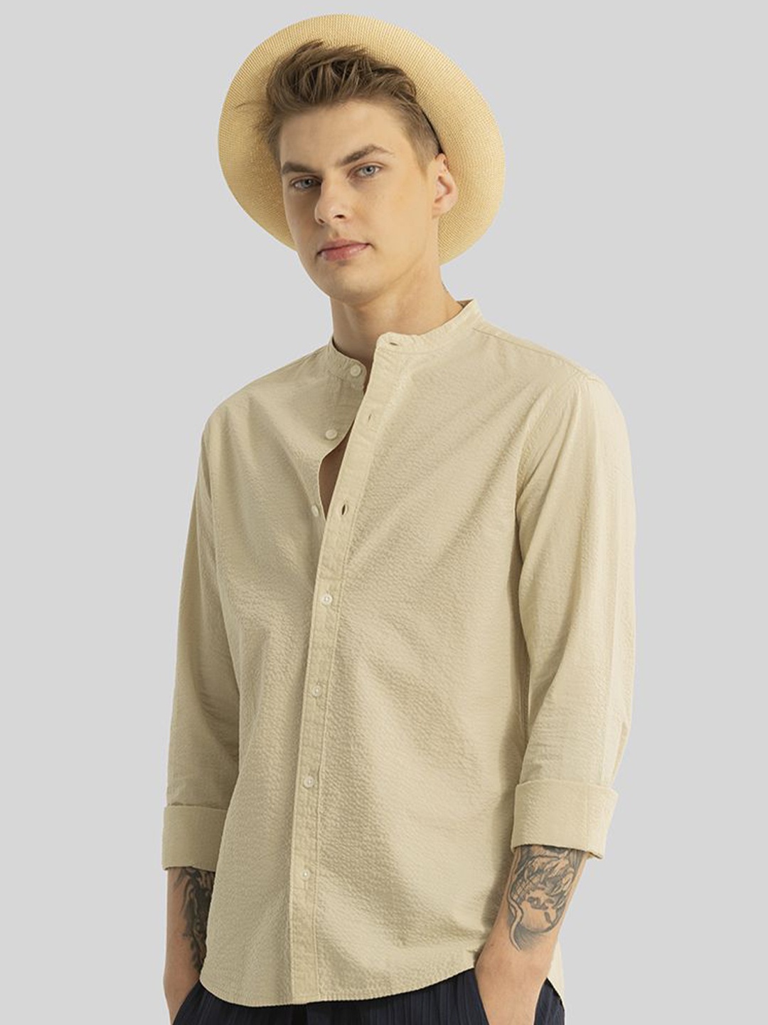

Snitch Men Smart Band Collar Solid Cotton Slim Fit Casual Shirt, Beige