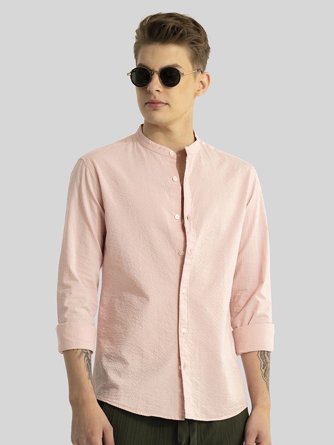 

Snitch Men Smart Band Collar Solid Cotton Slim Fit Casual Shirt, Peach