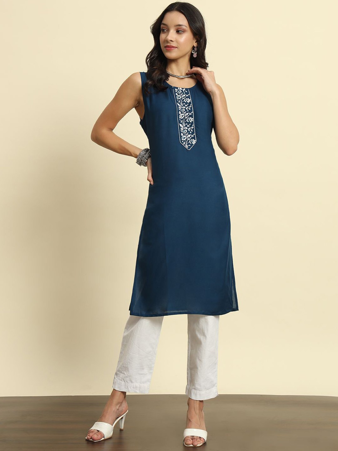

SURHI Floral Yoke Design Embroidered Mirror Work Cotton Straight kurta, Blue