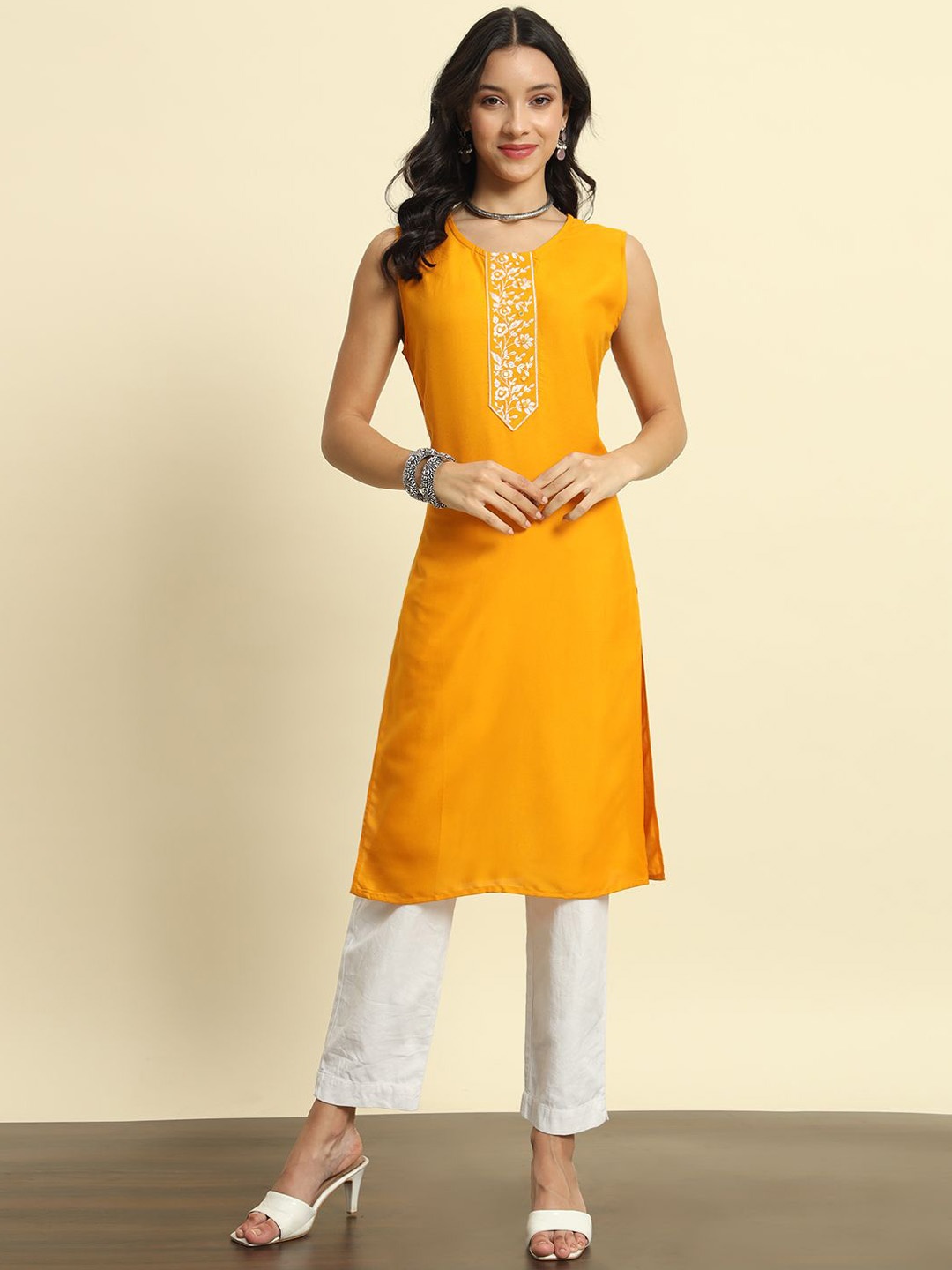 

SURHI Floral Yoke Design Embroidered Mirror Work Cotton Straight kurta, Yellow