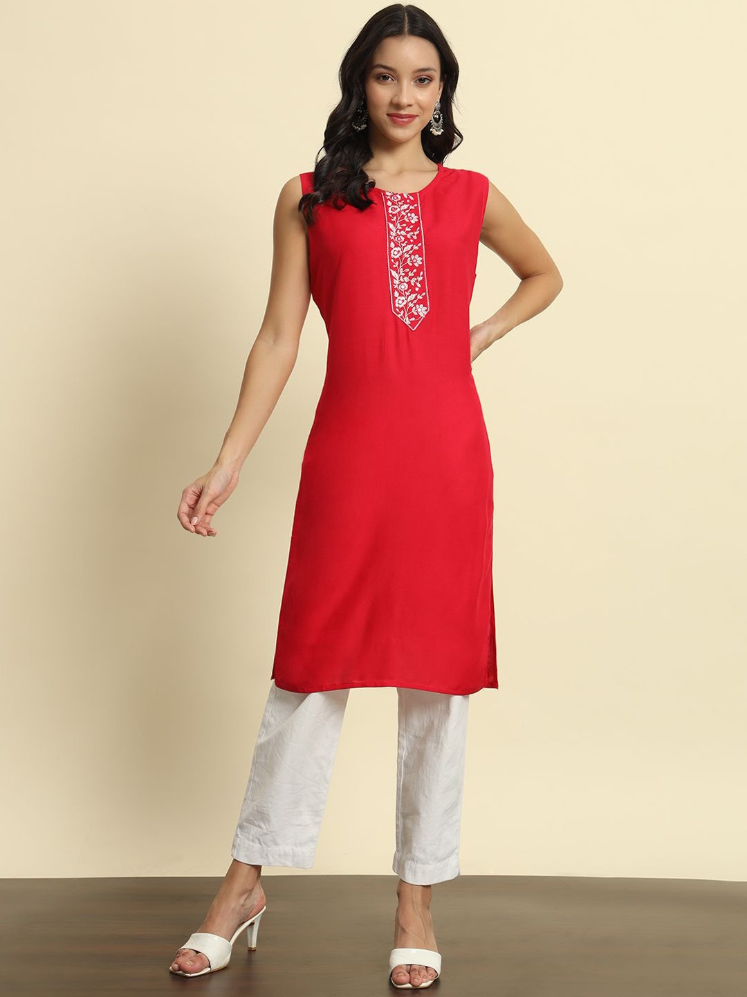 

SURHI Floral Yoke Design Embroidered Mirror Work Cotton Straight kurta, Pink