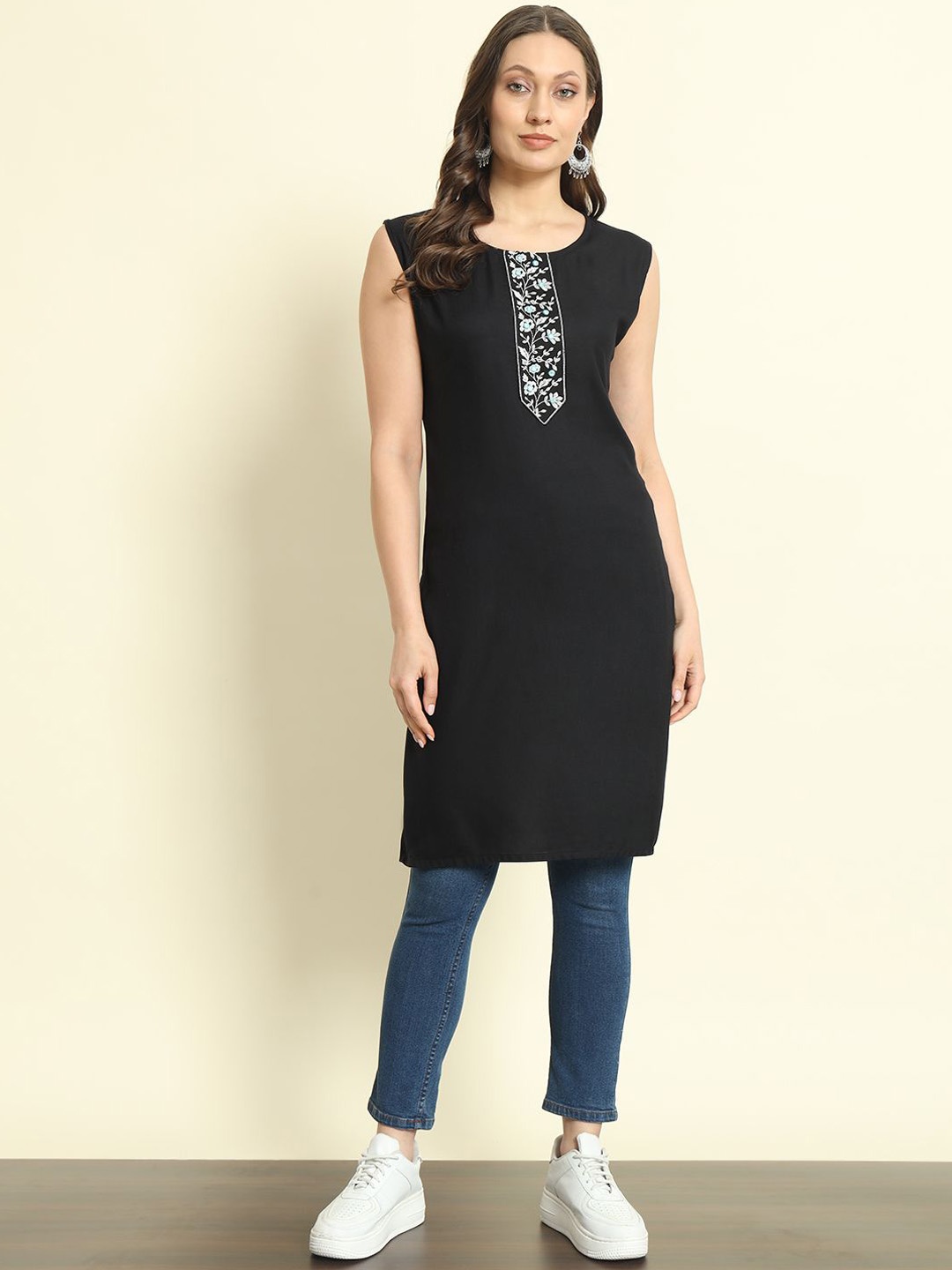 

SURHI Floral Yoke Design Embroidered Mirror Work Cotton Straight kurta, Black