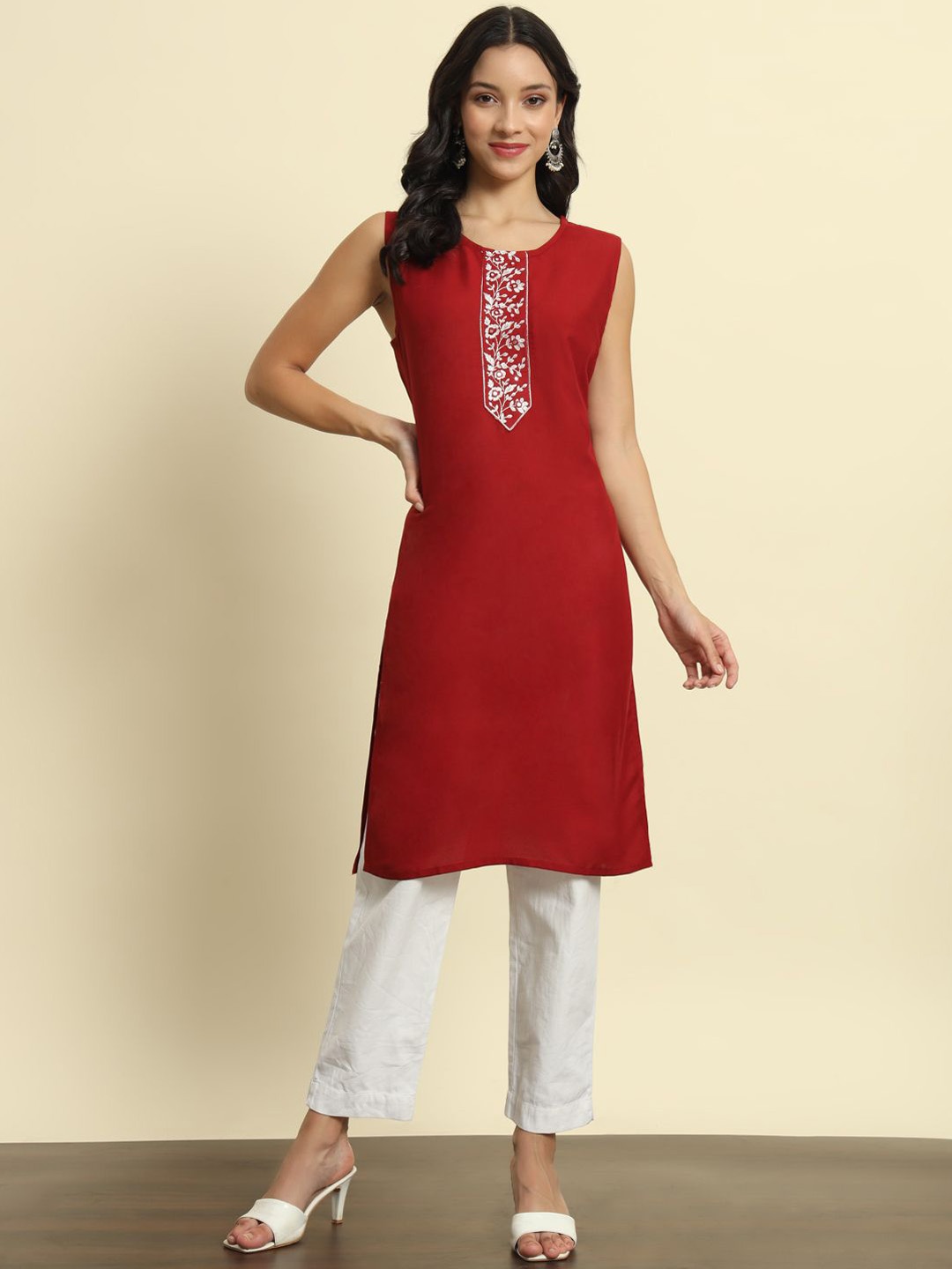 

SURHI Floral Yoke Design Embroidered Mirror Work Cotton Straight kurta, Red