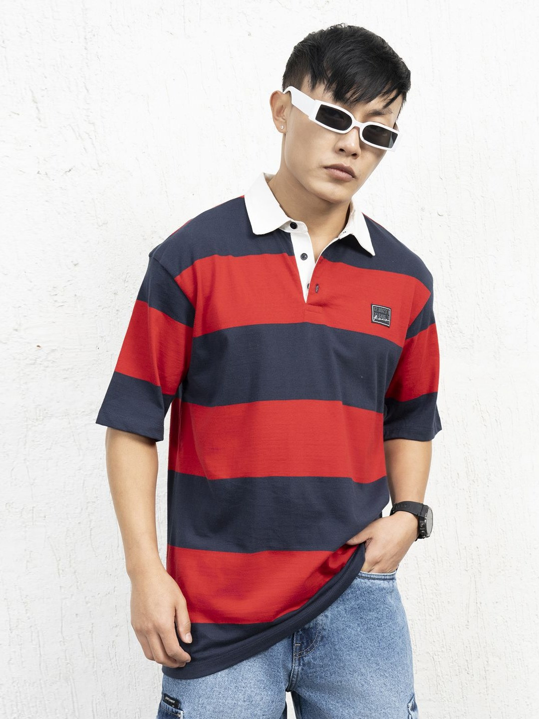 

Hubberholme Men Striped Polo Collar Applique T-shirt, Red