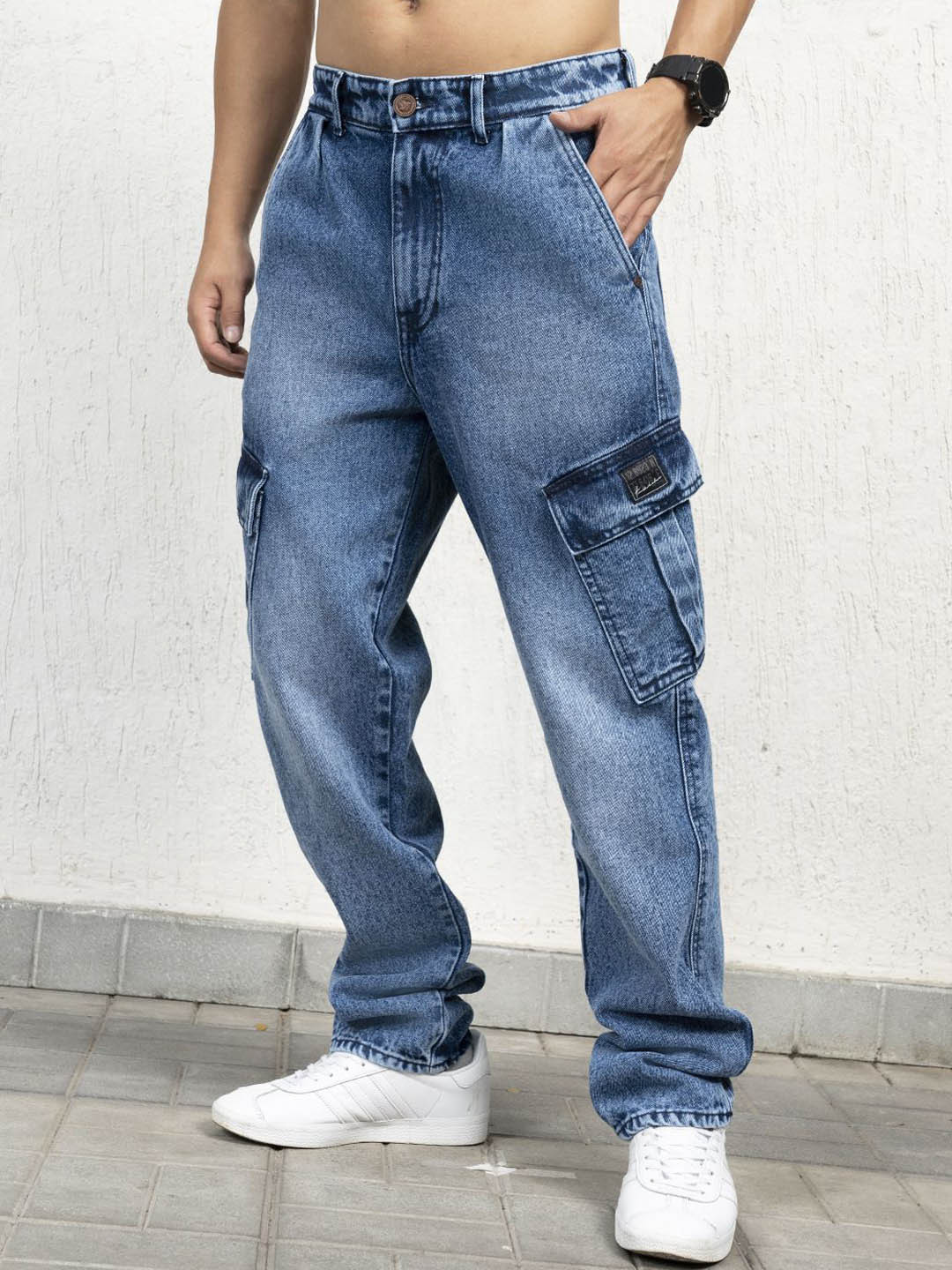 

Hubberholme Men Cotton Tapered Fit Highly Distressed Heavy Fade Cargo Styles Jeans, Blue