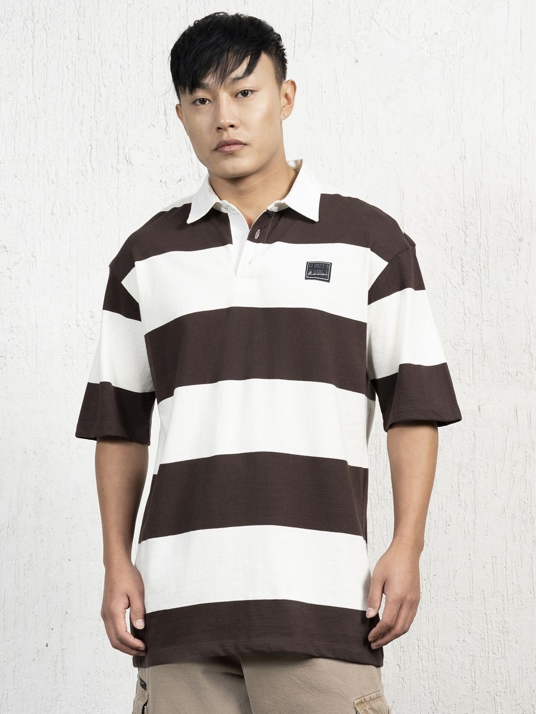 

Hubberholme Men Striped Polo Collar Monochrome Pockets T-shirt, Brown