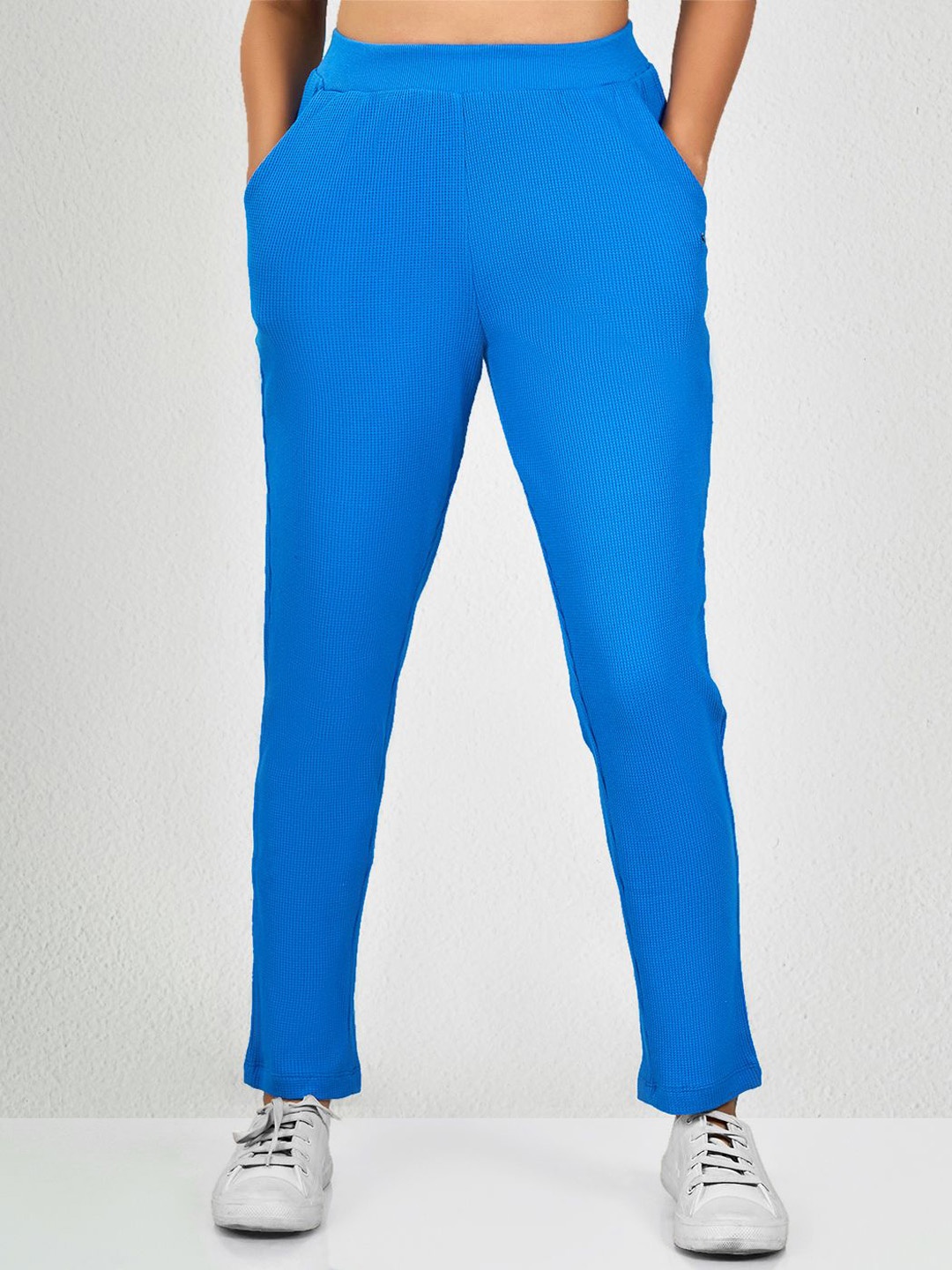 

MAYSIXTY Women Pure Cotton Mid-Rise Track Pants, Blue