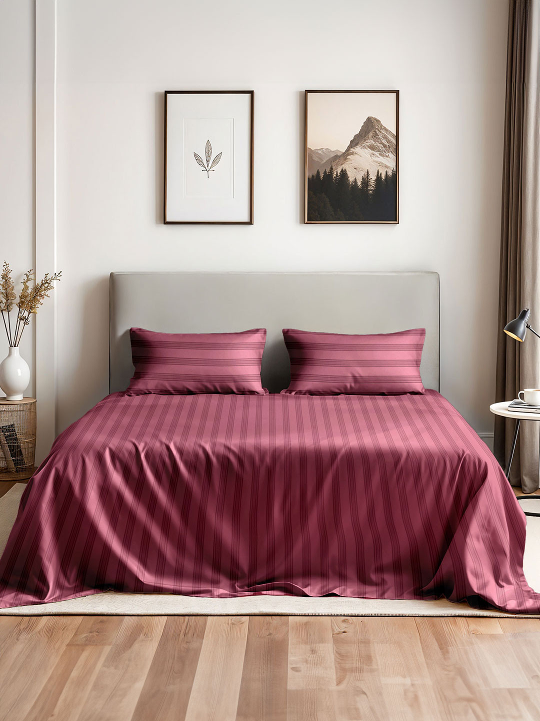 

Myntra Elegant Homes Maroon Striped 400 TC King Bedsheet with 2 Pillow Covers