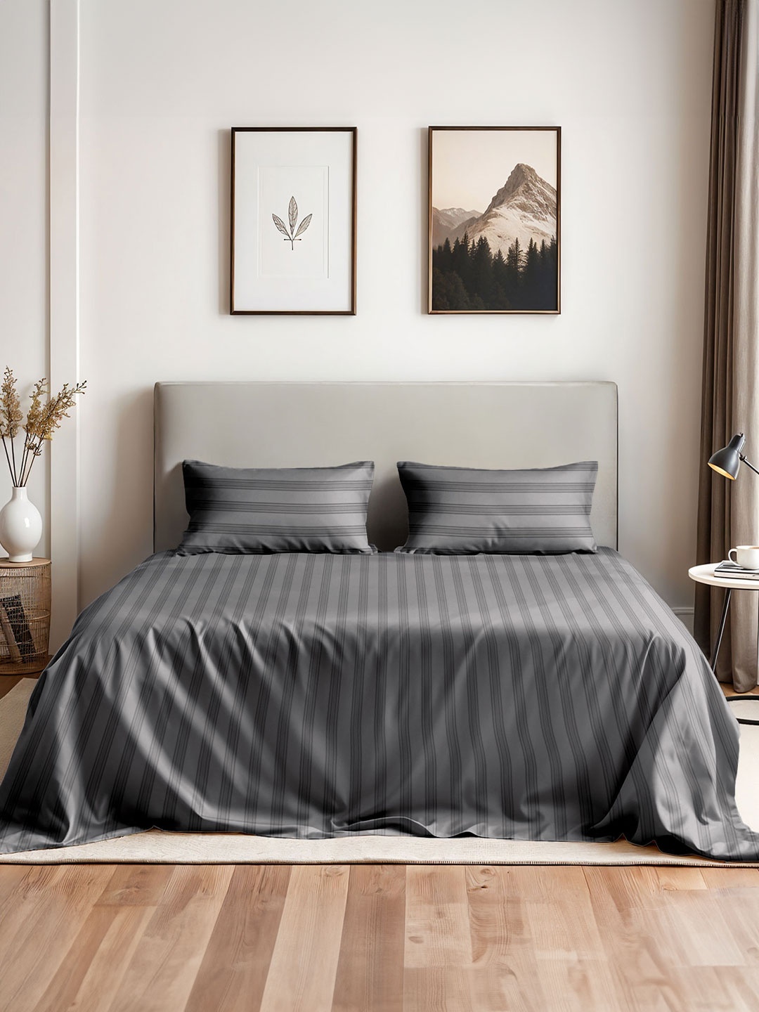 

Myntra Elegant Homes Grey Striped 400 TC King Bedsheet with 2 Pillow Covers