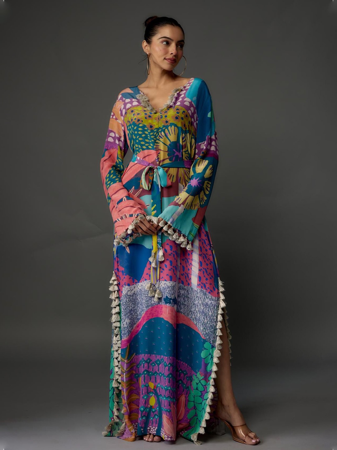 

PS PRET BY PAYAL SINGHAL Tropical Printed with Pom-Pom Maxi Dress, Purple