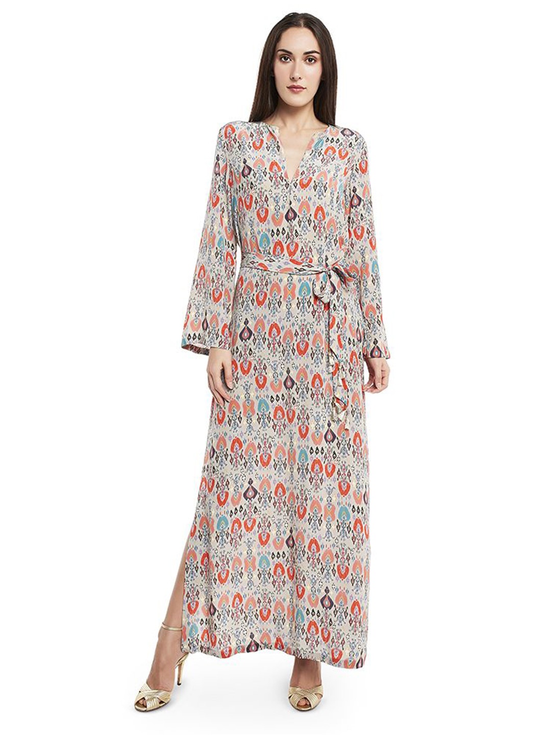 

PS PRET BY PAYAL SINGHAL Printed Side Slit Tie-Ups Detail Maxi Dress, Beige