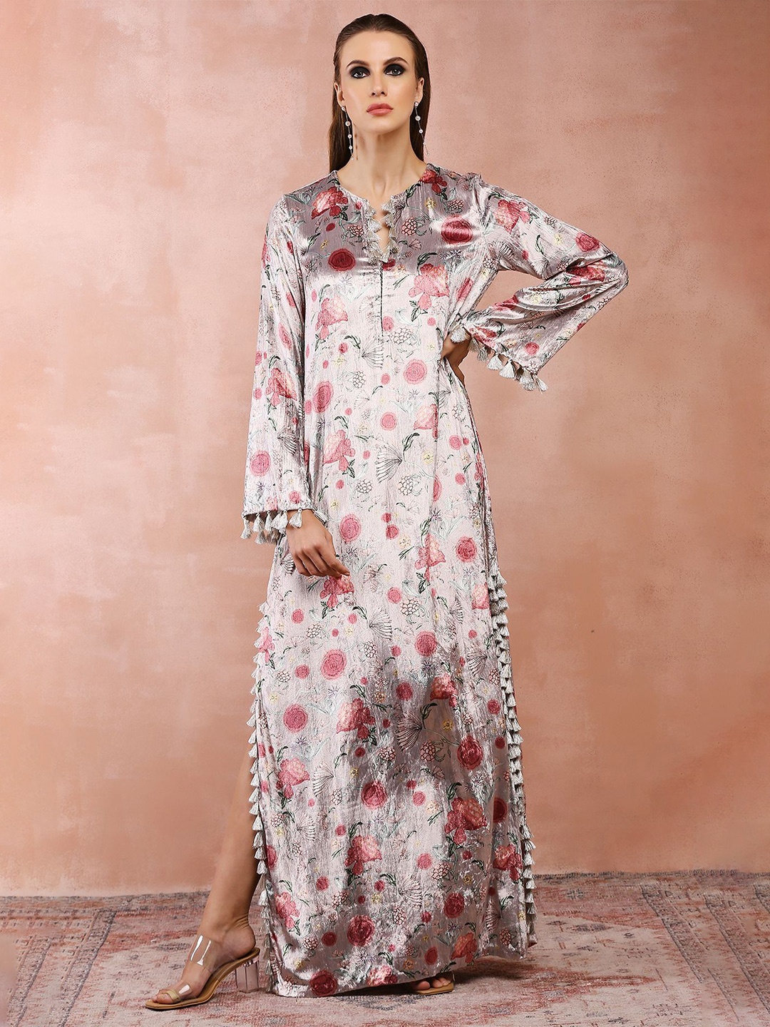 

PS PRET BY PAYAL SINGHAL Floral Printed A-Line Maxi Dress With Belt, Grey