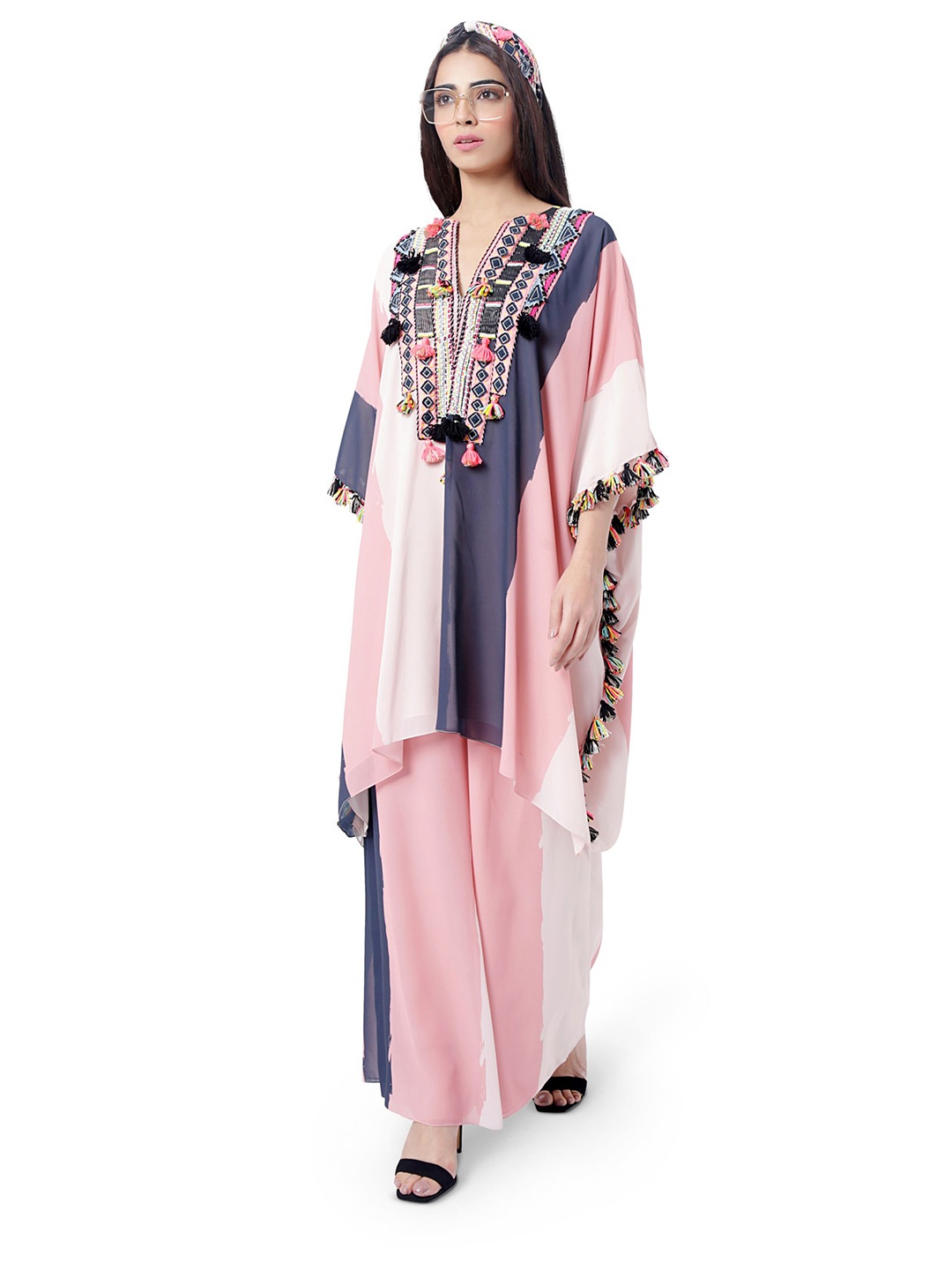 

PS PRET BY PAYAL SINGHAL Women Print A-Line Georgette Short Kaftan with Palazzo Dress, Coral