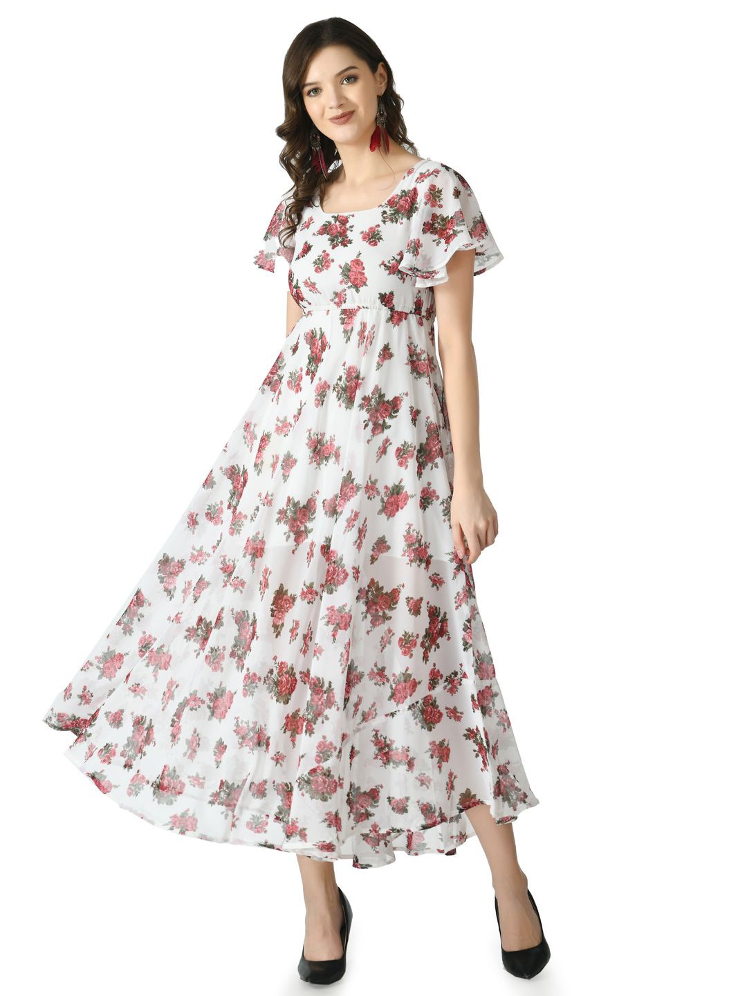 

Gladly Floral Printed Flared Sleeves Fit and Flare Maxi Dress, White