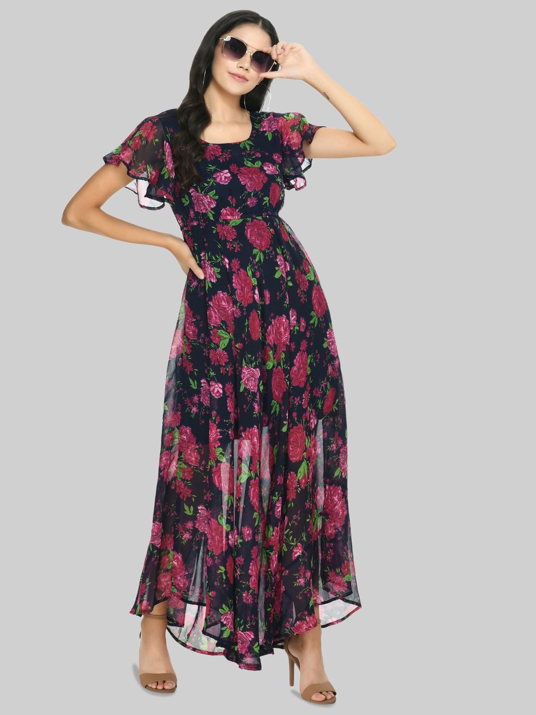 Gladly Round Neck Flutter Sleeve Floral Maxi Dress, Black