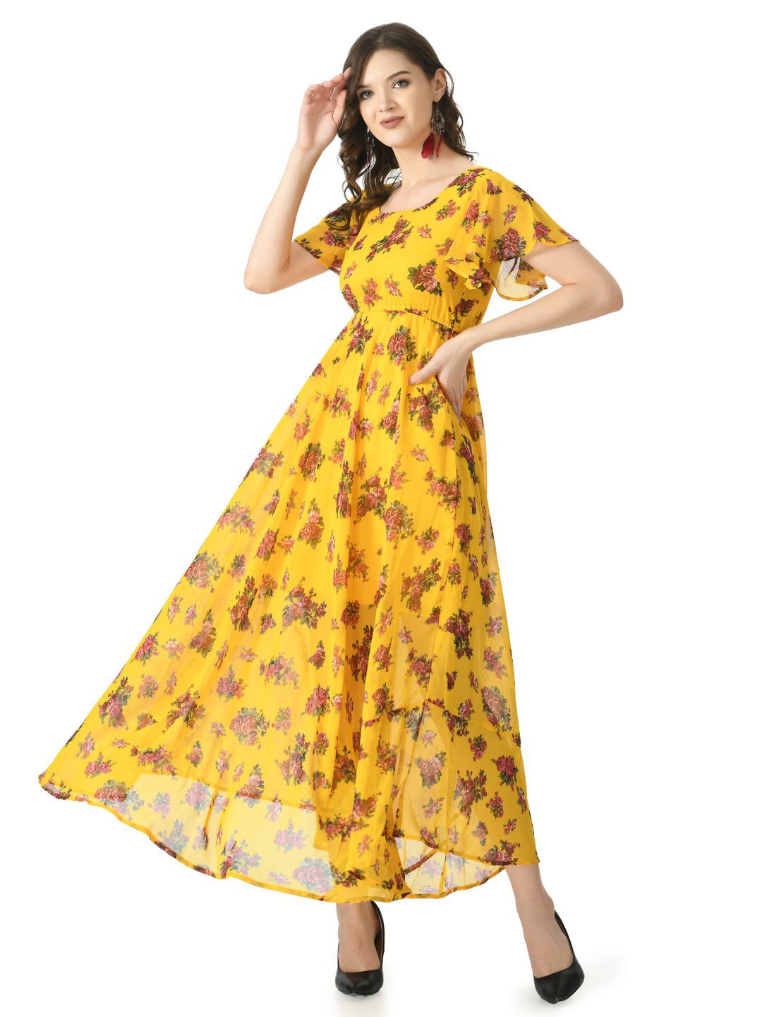 

Gladly Floral Print Flared Sleeve Georgette Fit and Flare Dress, Mustard