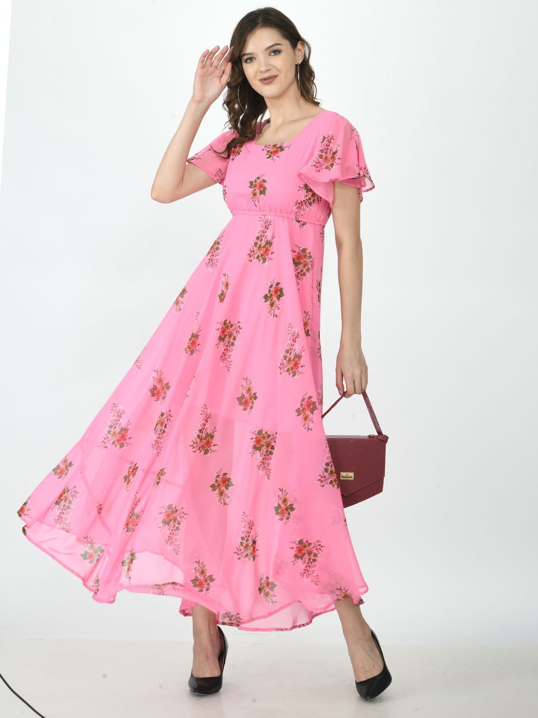 

Gladly Floral Printed Georgette Flared Sleeves Maxi Dress, Pink