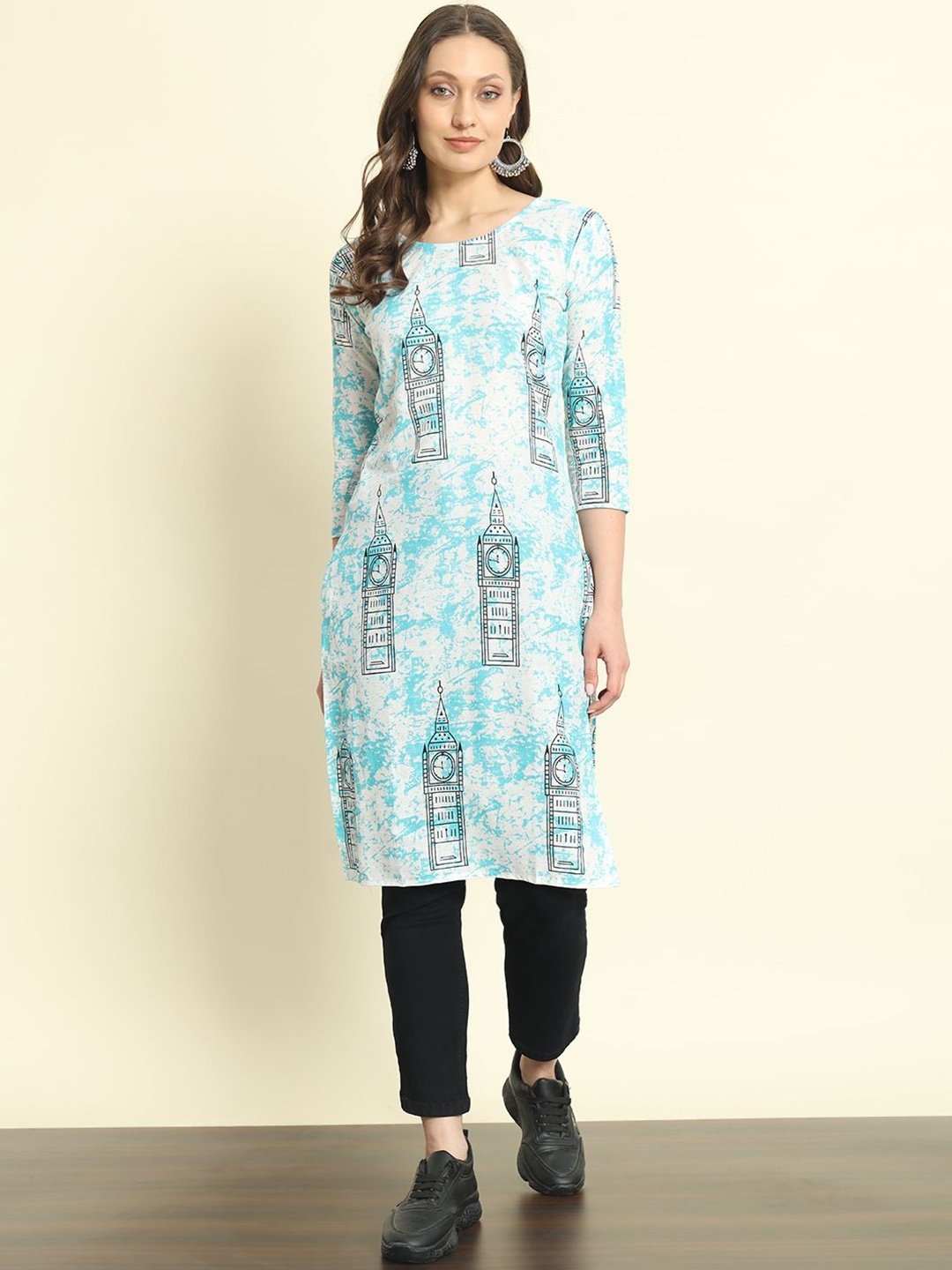 

SURHI Geometric Printed Round Neck Cotton Straight kurta, Blue