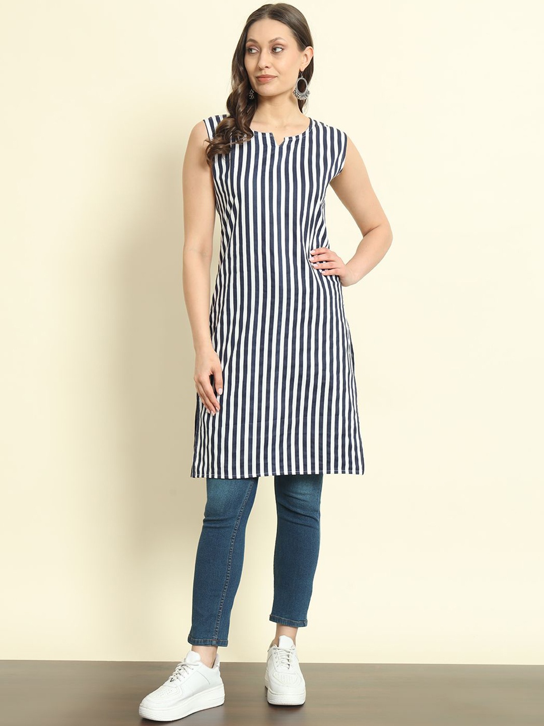 SURHI Striped Notched Round Neck Cotton Straight kurta, Blue