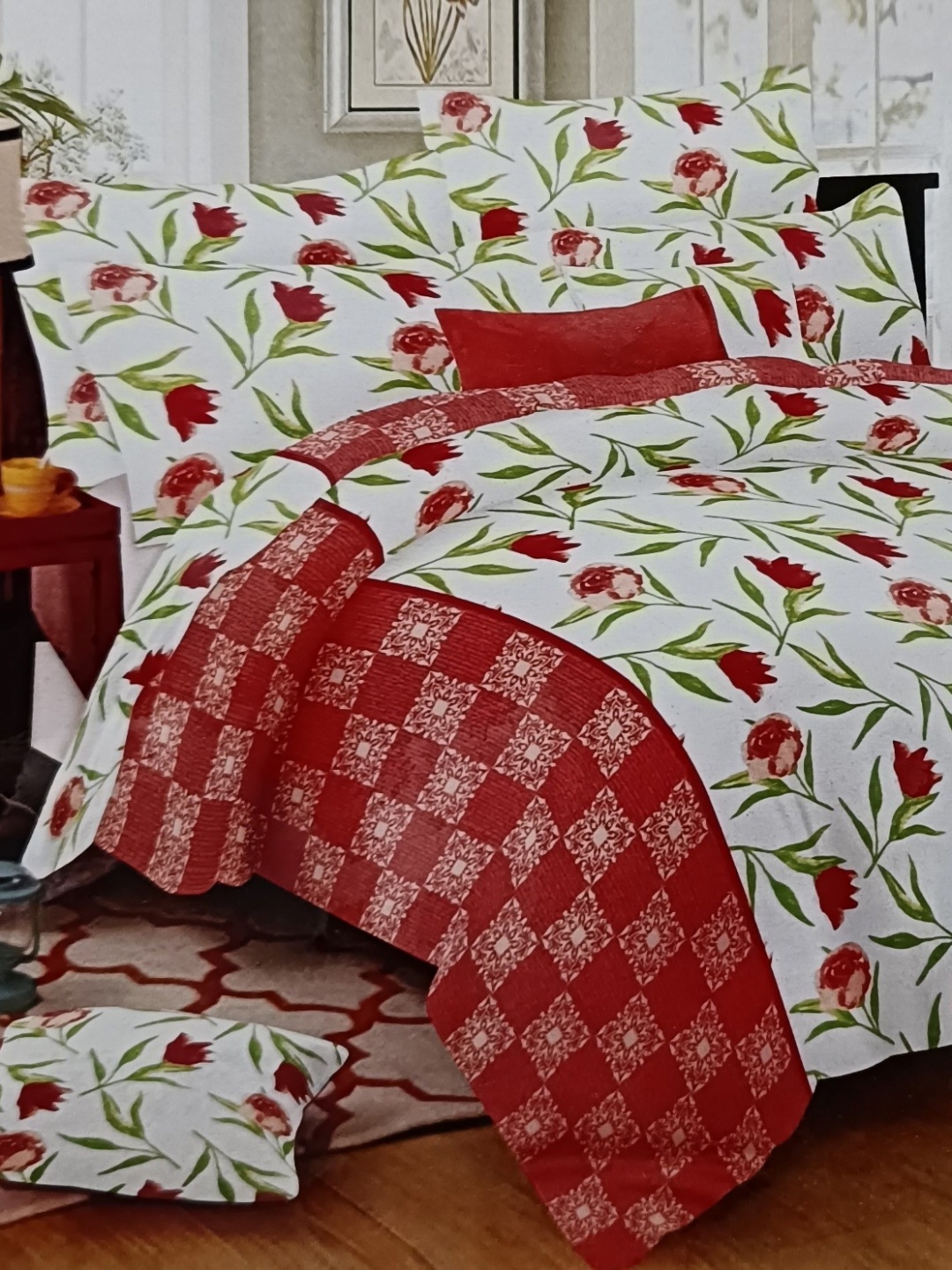 

Signature White & Red Floral 180 TC King Bedsheet with 2 Pillow Covers