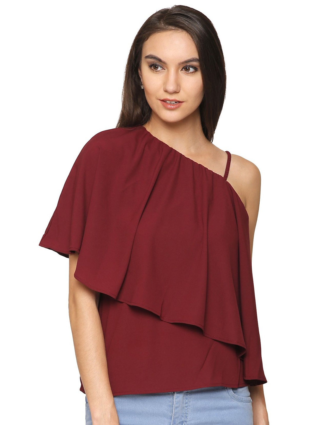 

Dracht Women One Shoulder Cape Sleeve Crepe Top, Maroon