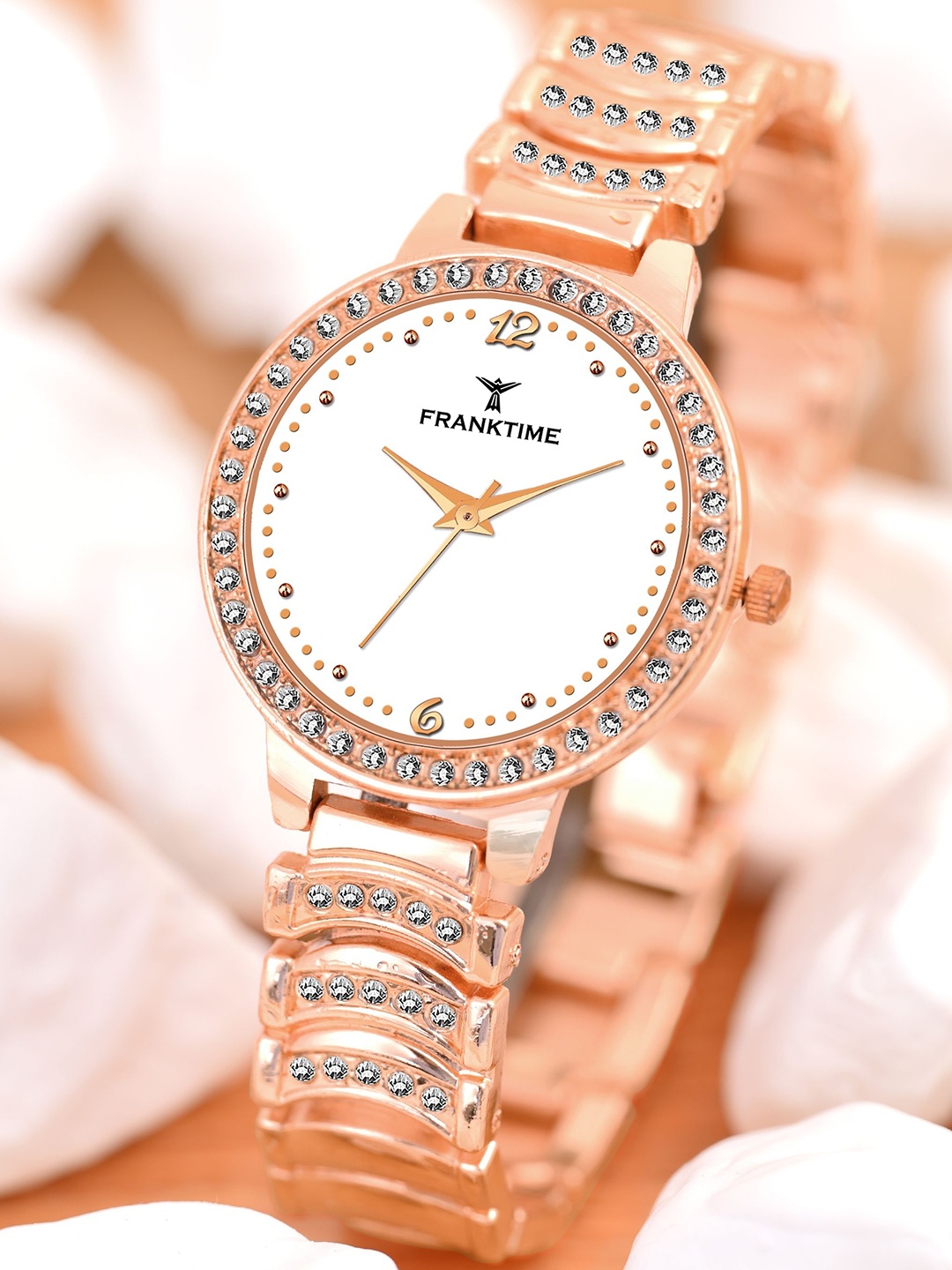 

Franktime Women Brass Embellished Dial & Stainless Steel Bracelet Style Straps Analogue Watch FT-0017 W, Rose