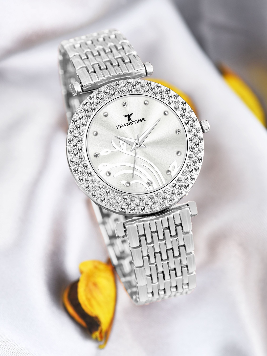 

Franktime Women Brass Embellished Dial & Stainless Steel Bracelet Style Straps Analogue Watch FT-0016 S, Silver