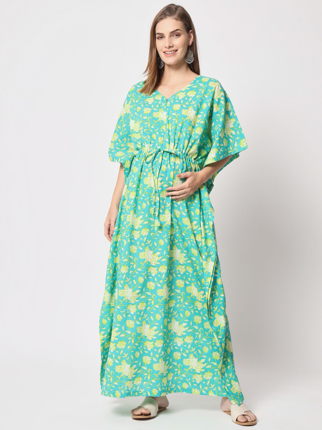 

Aujjessa Women Printed Cotton Maternity Maxi Kaftan Nightdress, Sea green