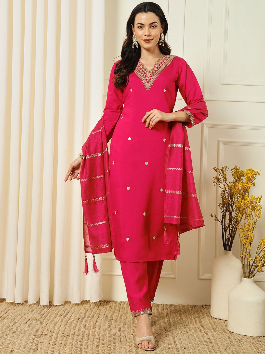 

BHUMIKA CREATION Floral Embroidered Raw Silk Straight Kurta with Trousers & Dupatta, Pink