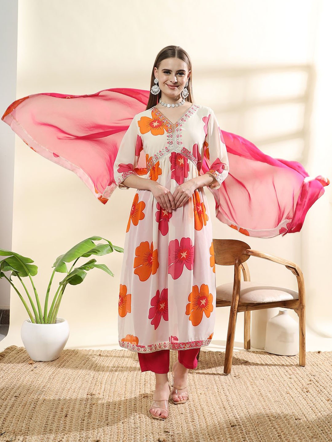 

BHUMIKA CREATION Floral Printed Sequinned A-Line Kurta with Trousers & Dupatta, Beige