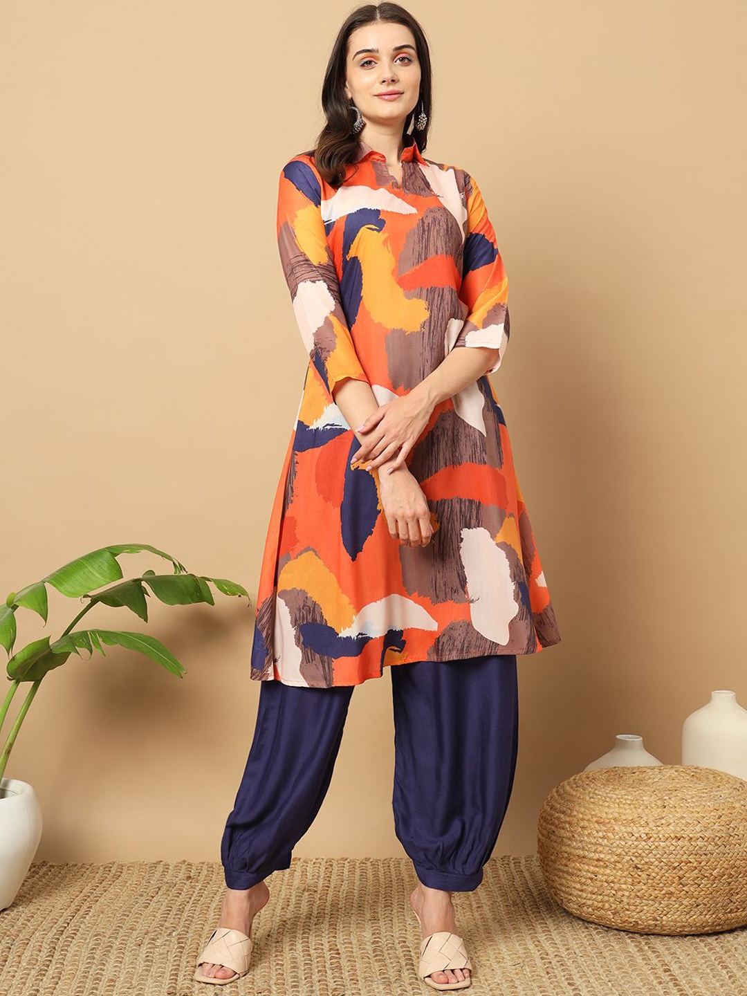 

BHUMIKA CREATION Abstract Printed Shirt Collar Organic Cotton A-Line Kurta with Salwar, Orange