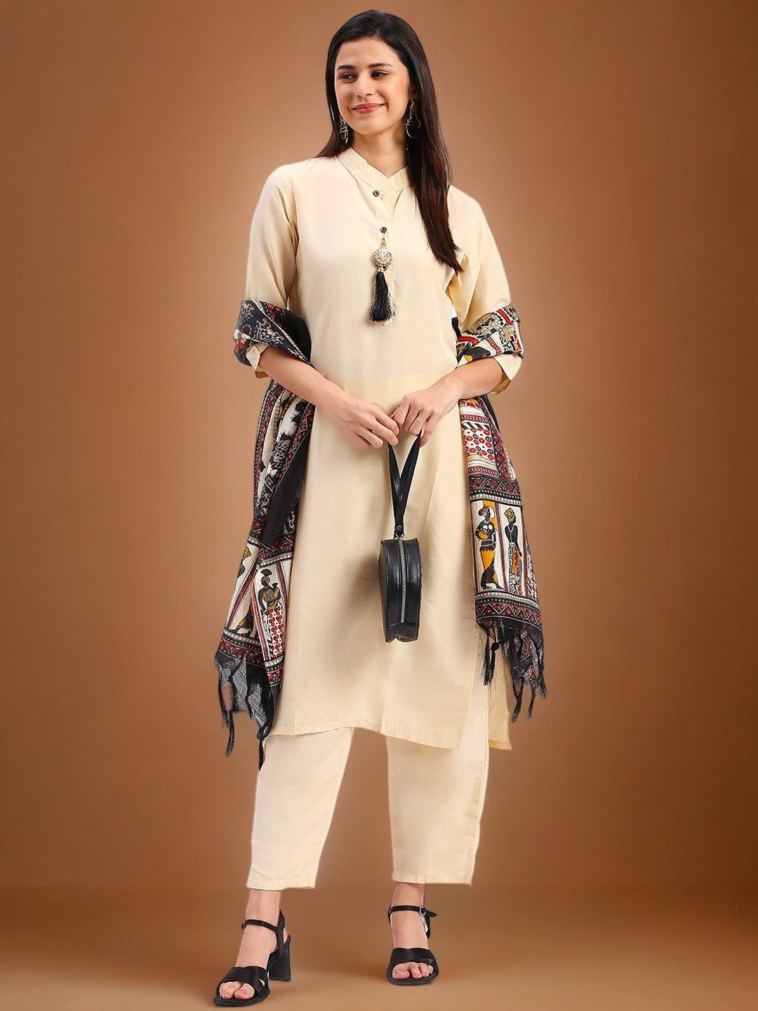 

BHUMIKA CREATION Mandarin Collar Straight Kurta with Trousers & Dupatta, Beige