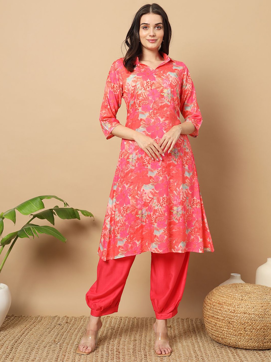 

BHUMIKA CREATION Floral Printed Shirt Collar Organic Cotton A-LineKurta with Palazzos, Peach