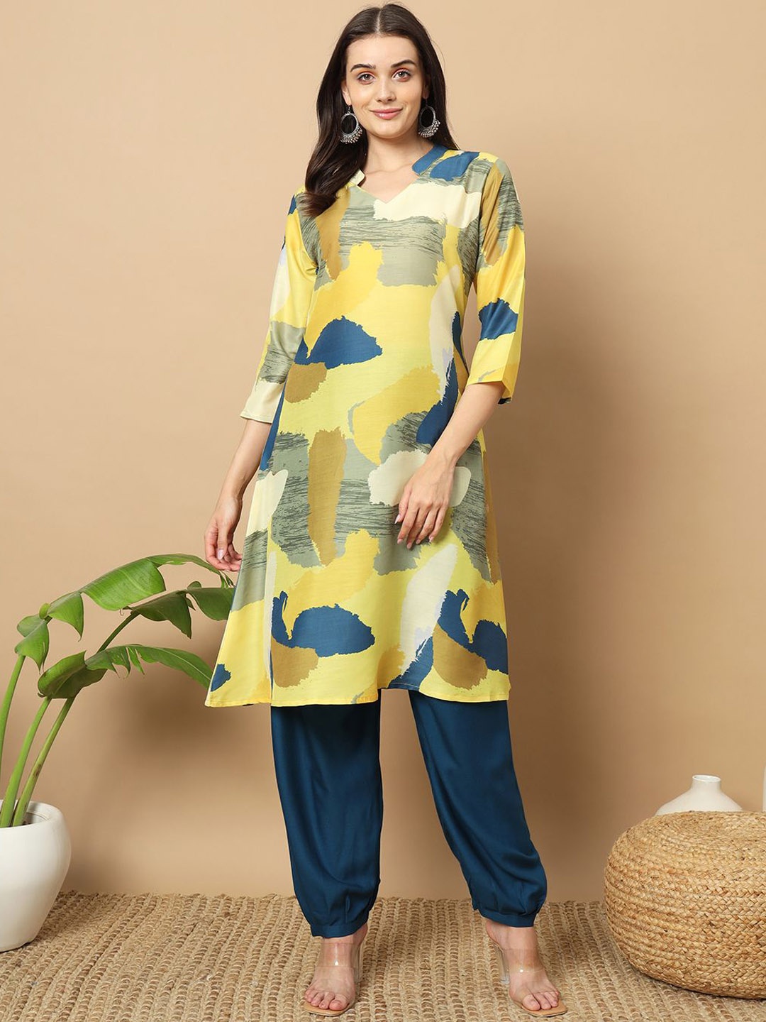 

BHUMIKA CREATION Abstract Printed Organic Cotton A-Line Kurta with Salwar, Yellow