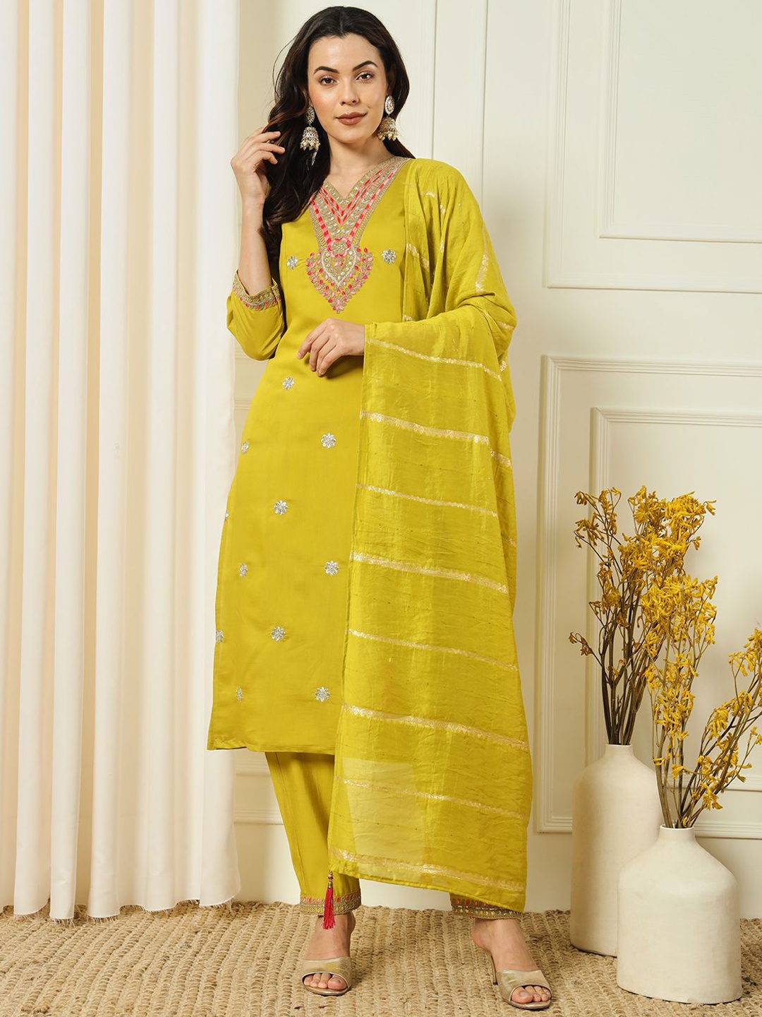 

BHUMIKA CREATION Floral Embroidered Raw Silk Straight Kurta with Trousers & Dupatta, Lime green